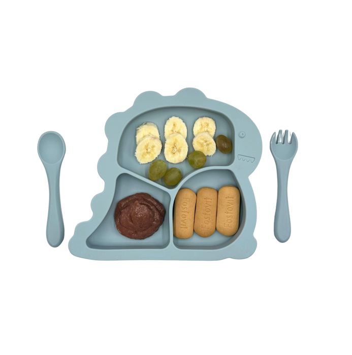Set complet pentru diversificare bebelusi, din silicon alimentar sigur si inodor, fara BPA, antiderapant, 6 piese, dusty blue [8]