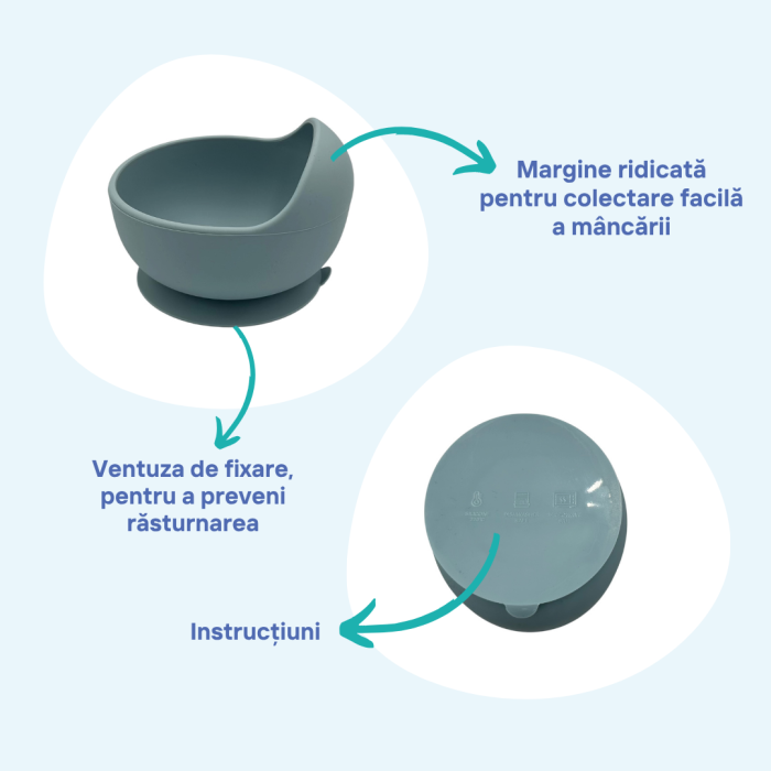 Set complet pentru diversificare bebelusi, din silicon alimentar sigur si inodor, fara BPA, antiderapant, 6 piese, dusty blue [8]