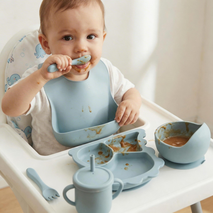 Set complet pentru diversificare bebelusi, din silicon alimentar sigur si inodor, fara BPA, antiderapant, 6 piese, dusty blue [3]