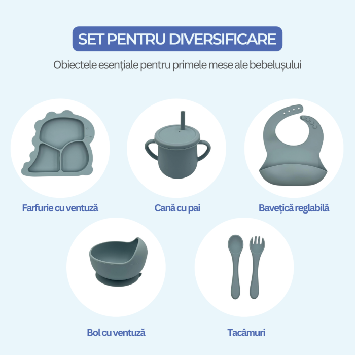 Set complet pentru diversificare bebelusi, din silicon alimentar sigur si inodor, fara BPA, antiderapant, 6 piese, dusty blue [10]