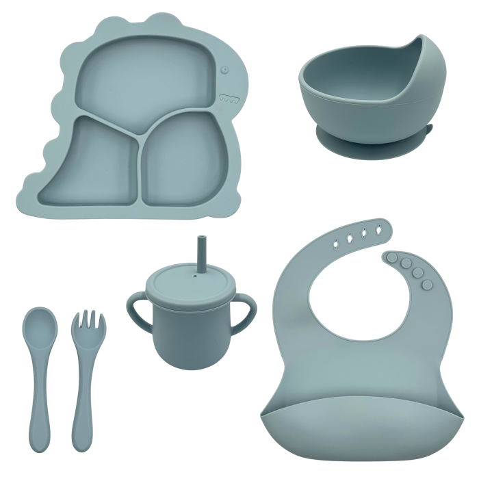 Set complet pentru diversificare bebelusi, din silicon alimentar sigur si inodor, fara BPA, antiderapant, 6 piese, dusty blue [9]