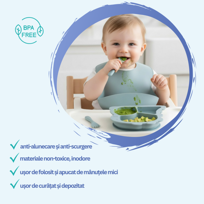 Set complet pentru diversificare bebelusi, din silicon alimentar sigur si inodor, fara BPA, antiderapant, 6 piese, dusty blue [4]