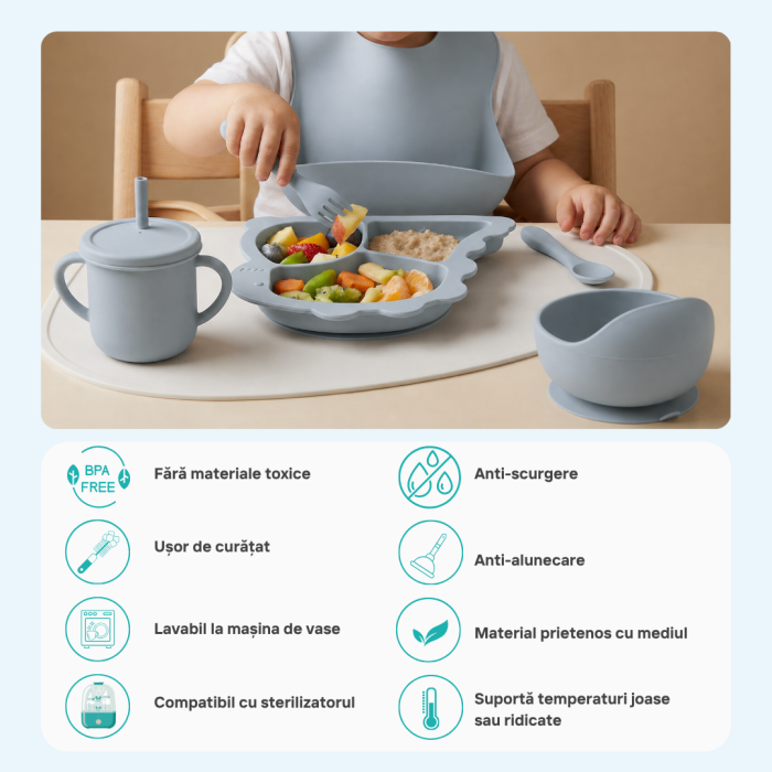 Set complet pentru diversificare bebelusi, din silicon alimentar sigur si inodor, fara BPA, antiderapant, 6 piese, dusty blue [7]