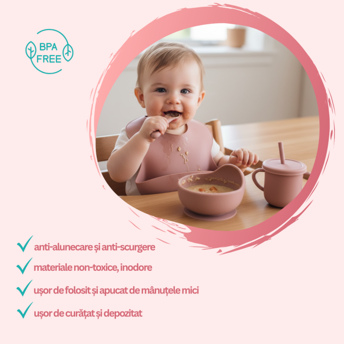 Set complet pentru diversificare bebelusi, din silicon alimentar sigur si inodor, fara BPA, antiderapant, 6 piese, dusty pink [4]