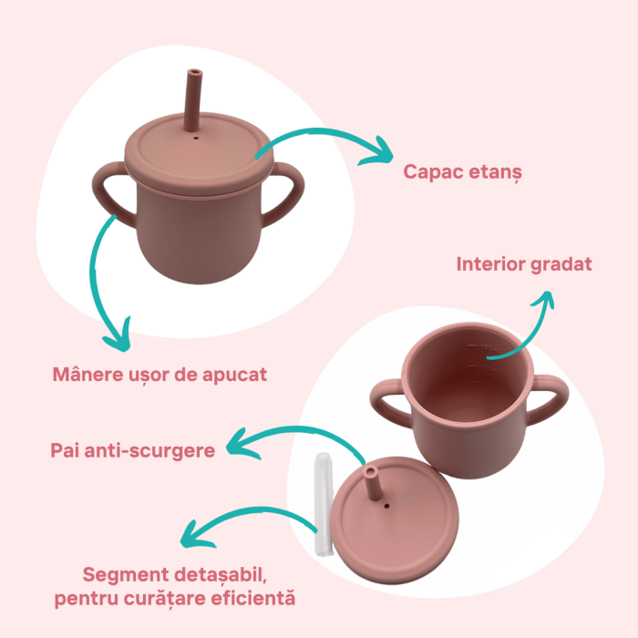 Set complet pentru diversificare bebelusi, din silicon alimentar sigur si inodor, fara BPA, antiderapant, 6 piese, dusty pink [8]