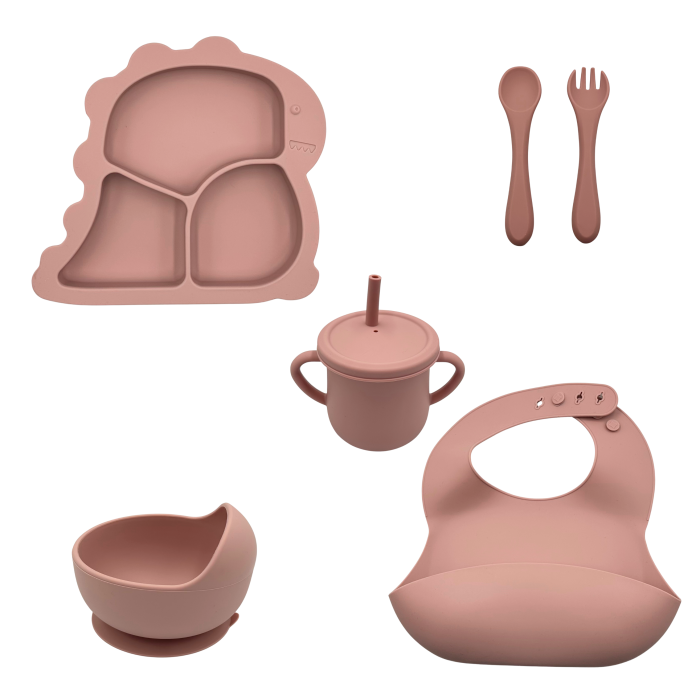 Set complet pentru diversificare bebelusi, din silicon alimentar sigur si inodor, fara BPA, antiderapant, 6 piese, dusty pink [9]