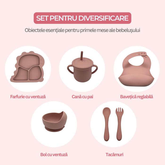Set complet pentru diversificare bebelusi, din silicon alimentar sigur si inodor, fara BPA, antiderapant, 6 piese, dusty pink [3]