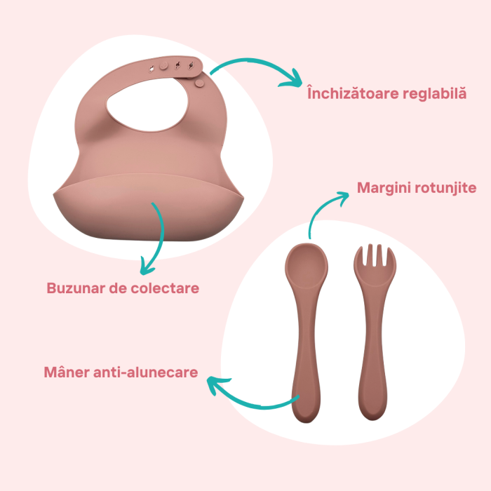 Set complet pentru diversificare bebelusi, din silicon alimentar sigur si inodor, fara BPA, antiderapant, 6 piese, dusty pink [6]