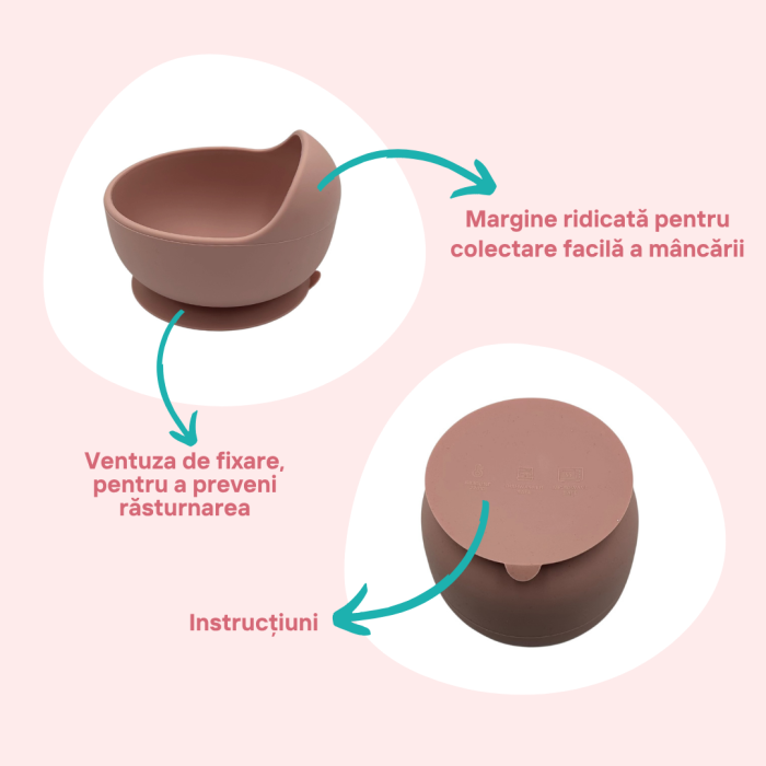 Set complet pentru diversificare bebelusi, din silicon alimentar sigur si inodor, fara BPA, antiderapant, 6 piese, dusty pink [9]