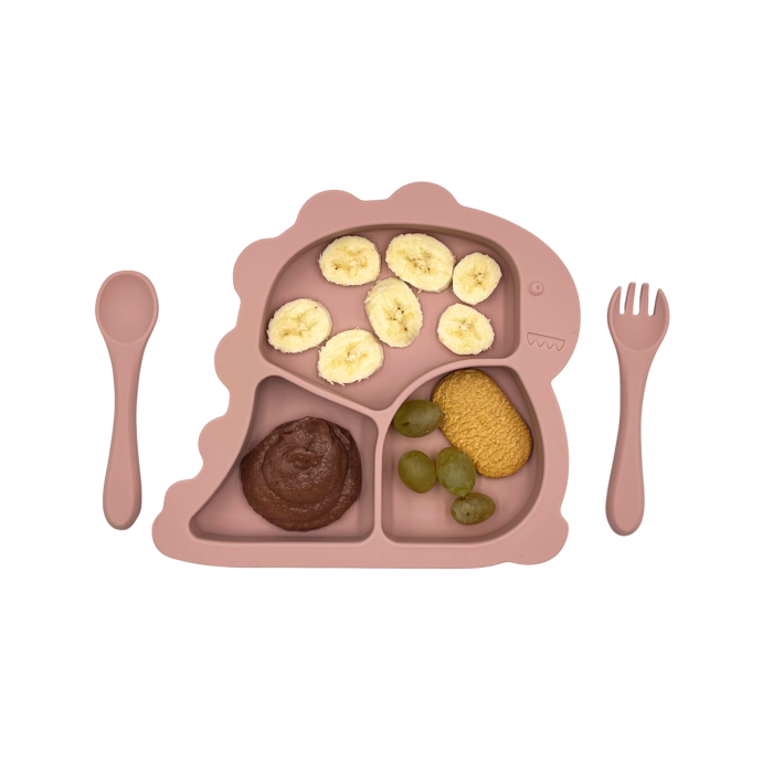 Set complet pentru diversificare bebelusi, din silicon alimentar sigur si inodor, fara BPA, antiderapant, 6 piese, dusty pink [8]