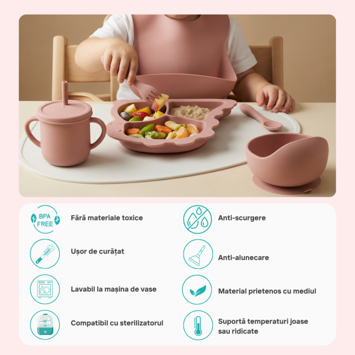 Set complet pentru diversificare bebelusi, din silicon alimentar sigur si inodor, fara BPA, antiderapant, 6 piese, dusty pink [7]
