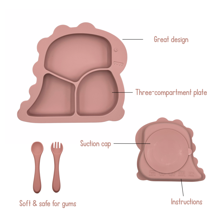 Set complet pentru diversificare bebelusi, din silicon alimentar sigur si inodor, fara BPA, antiderapant, sase piese, dusty pink [2]