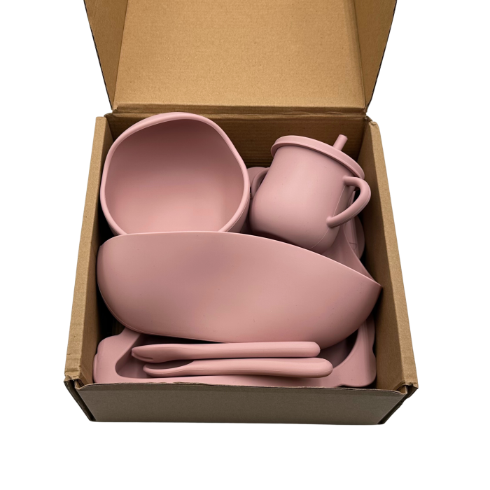 Set complet pentru diversificare bebelusi, din silicon alimentar sigur si inodor, fara BPA, antiderapant, sase piese, dusty pink [6]