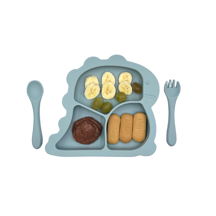 Set complet pentru diversificare bebelusi, din silicon alimentar sigur si inodor, fara BPA, antiderapant, sase piese, dusty blue [5]