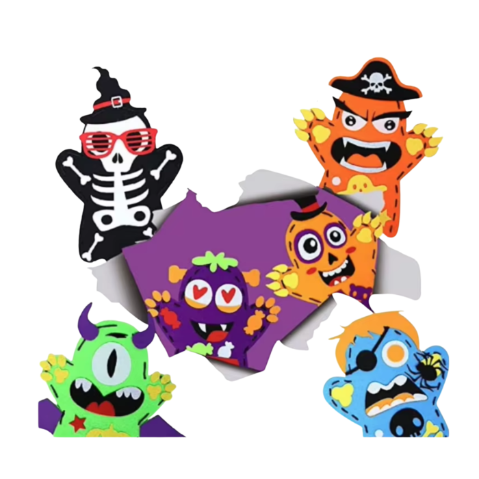 Set creativ si distractiv de cusut, pentru copii, model DIY de Halloween, 6 monstruleti colorati de tip manusa, jucarii Halloween care dezvolta creativitatea si indemanarea [2]