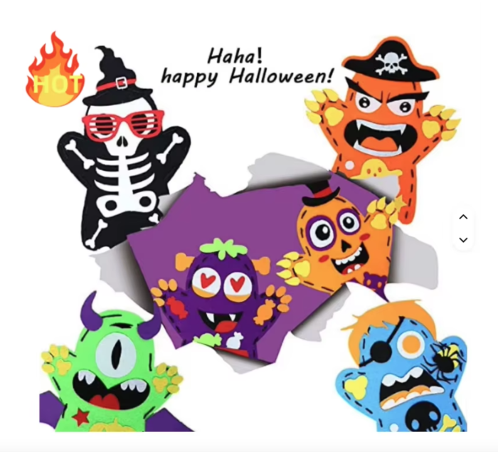Set creativ si distractiv de cusut, pentru copii, model DIY de Halloween, 6 monstruleti colorati de tip manusa, jucarii Halloween care dezvolta creativitatea si indemanarea [3]