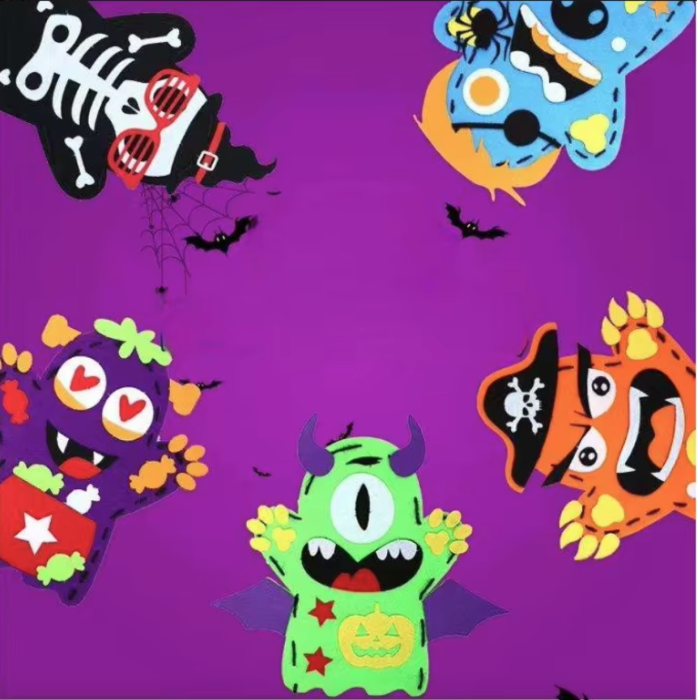 Set creativ si distractiv de cusut, pentru copii, model DIY de Halloween, 6 monstruleti colorati de tip manusa, jucarii Halloween care dezvolta creativitatea si indemanarea [7]
