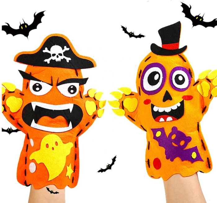 Set creativ si distractiv de cusut, pentru copii, model DIY de Halloween, 6 monstruleti colorati de tip manusa, jucarii Halloween care dezvolta creativitatea si indemanarea [4]