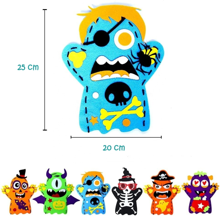 Set creativ si distractiv de cusut, pentru copii, model DIY de Halloween, 6 monstruleti colorati de tip manusa, care dezvolta creativitatea si indemanarea [2]