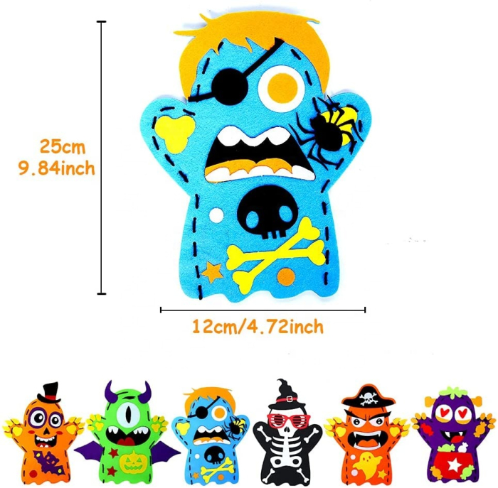 Set creativ si distractiv de cusut, pentru copii, model DIY de Halloween, 6 monstruleti colorati de tip manusa, jucarii Halloween care dezvolta creativitatea si indemanarea [6]