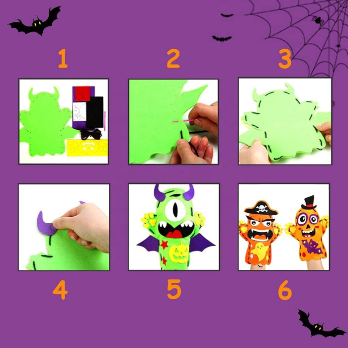 Set creativ si distractiv de cusut, pentru copii, model DIY de Halloween, 6 monstruleti colorati de tip manusa, jucarii Halloween care dezvolta creativitatea si indemanarea [5]