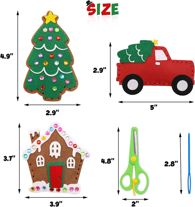 Set de cusut DIY, din fetru de calitate, tematica de Craciun, 12 elemente, ideal pentru copii de 3-7 ani, multiple abilitati dezvoltate [5]