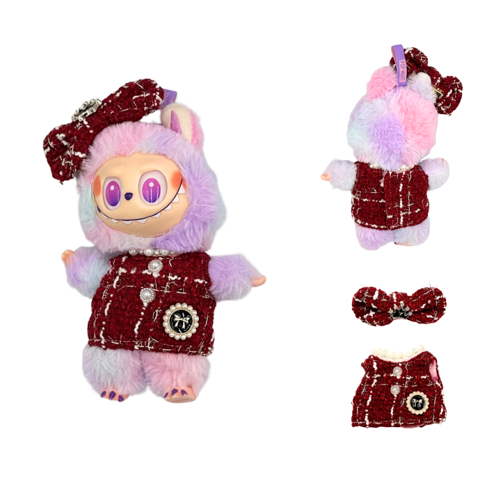 Set imbracaminte pentru papusi sau Labubu 17 cm, elegant, alcatuit din rochie eleganta grena si agrafa fundita [2]