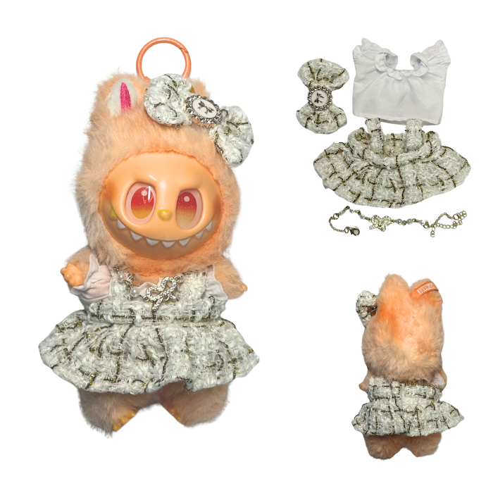 Set îmbrăcăminte pentru păpuși sau Labubu 17 cm, model deosebit alcătuit din rochie elegantă, bluză albă de bumbac, agrafă bentiță și medalion auriu [2]