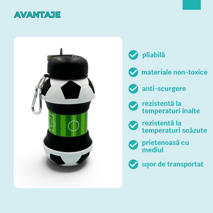 Sticla pentru apa, pliabila, din silicon fara BPA, cu carabina de prindere, fara scurgere, model minge de fotbal, 550 ml [3]