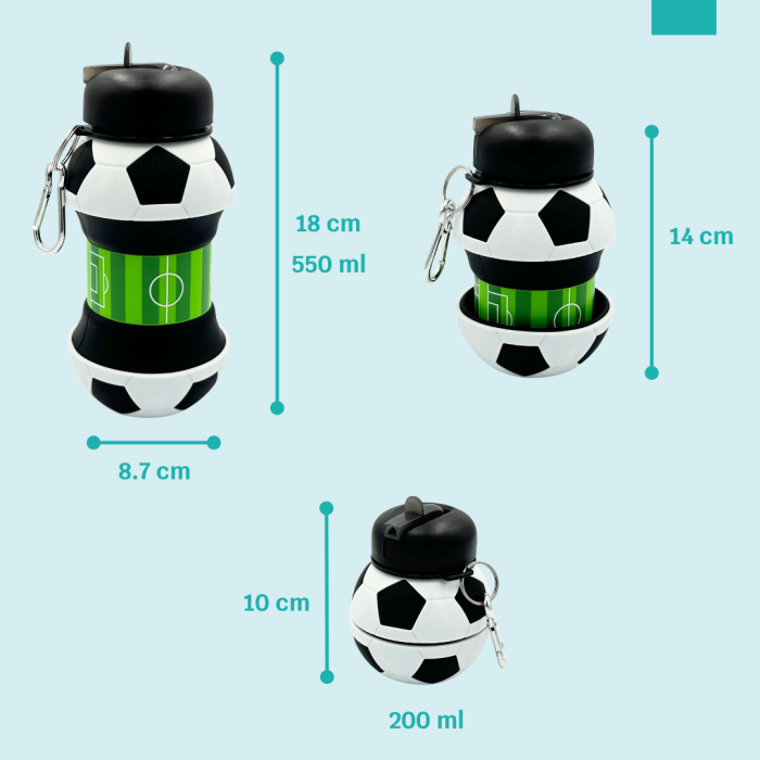 Sticla pentru apa, pliabila, din silicon fara BPA, cu carabina de prindere, fara scurgere, model minge de fotbal, 550 ml [5]