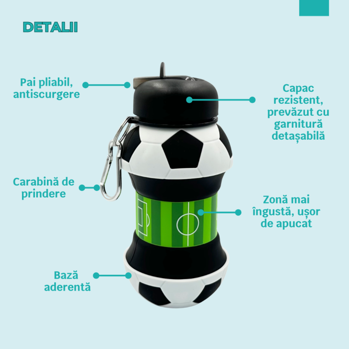 Sticla pentru apa, pliabila, din silicon fara BPA, cu carabina de prindere, fara scurgere, model minge de fotbal, 550 ml [4]