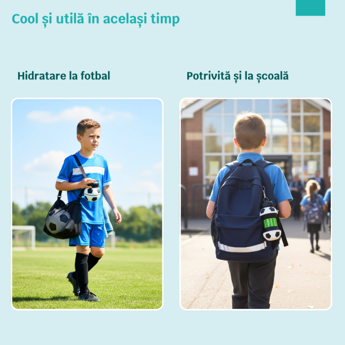 Sticla pentru apa, pliabila, din silicon fara BPA, cu carabina de prindere, fara scurgere, model minge de fotbal, 550 ml [7]