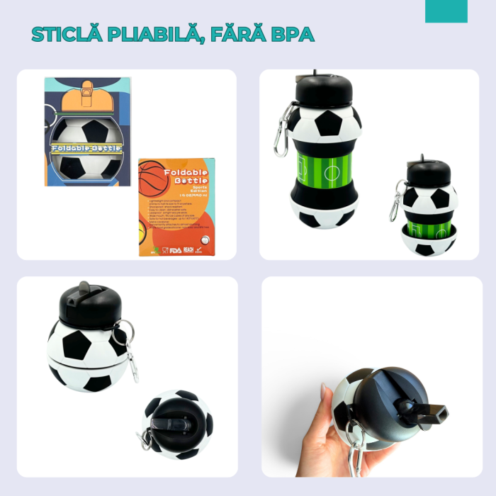 Sticla pentru apa, pliabila, din silicon fara BPA, cu carabina de prindere, fara scurgere, model minge de fotbal, 550 ml [6]