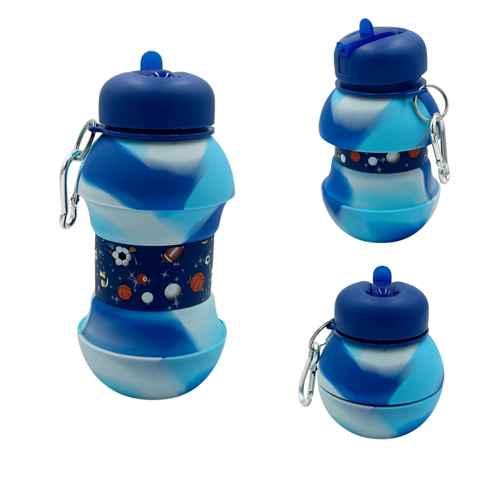 Sticla pentru apa, pliabila, din silicon fara BPA, cu carabina de prindere, model albastru cu mingi, 550 ml [1]