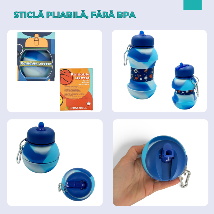 Sticla pentru apa, pliabila, din silicon fara BPA, cu carabina de prindere, model albastru cu mingi, 550 ml [3]