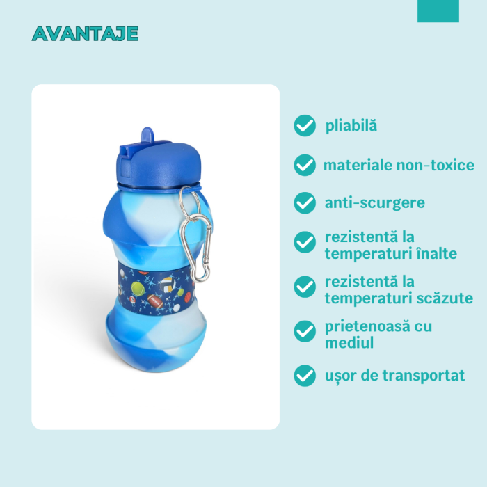 Sticla pentru apa, pliabila, din silicon fara BPA, cu carabina de prindere, model albastru cu mingi, 550 ml [2]