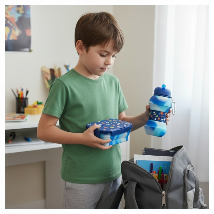 Sticla pentru apa, pliabila, din silicon fara BPA, cu carabina de prindere, model albastru cu mingi, 550 ml [4]