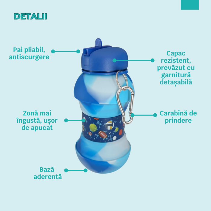 Sticla pentru apa, pliabila, din silicon fara BPA, cu carabina de prindere, model albastru cu mingi, 550 ml [6]