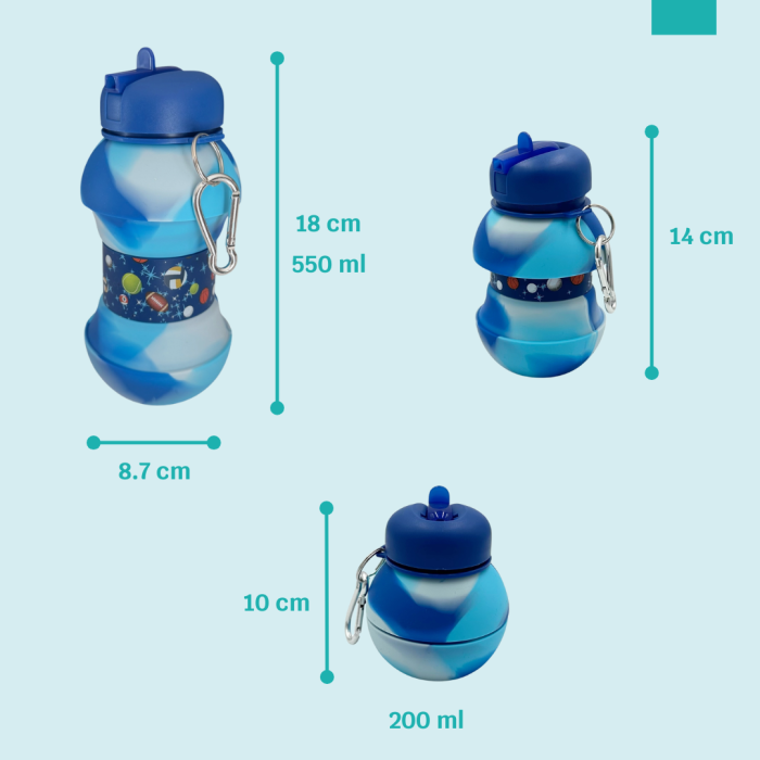 Sticla pentru apa, pliabila, din silicon fara BPA, cu carabina de prindere, model albastru cu mingi, 550 ml [7]