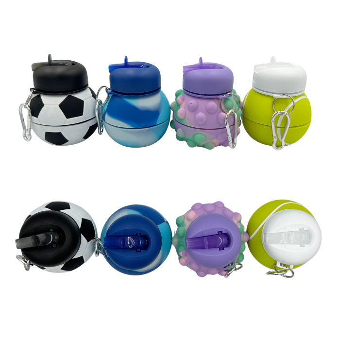 Sticla pentru apa, pliabila, din silicon fara BPA, anti-scurgere, cu carabina de prindere, model pop-it mov, 550 ml [8]