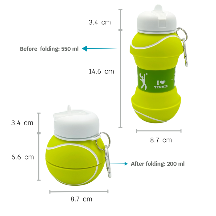Sticla pentru apa, pliabila, din silicon fara BPA, cu carabina de prindere, model minge de tenis, 550 ml [4]