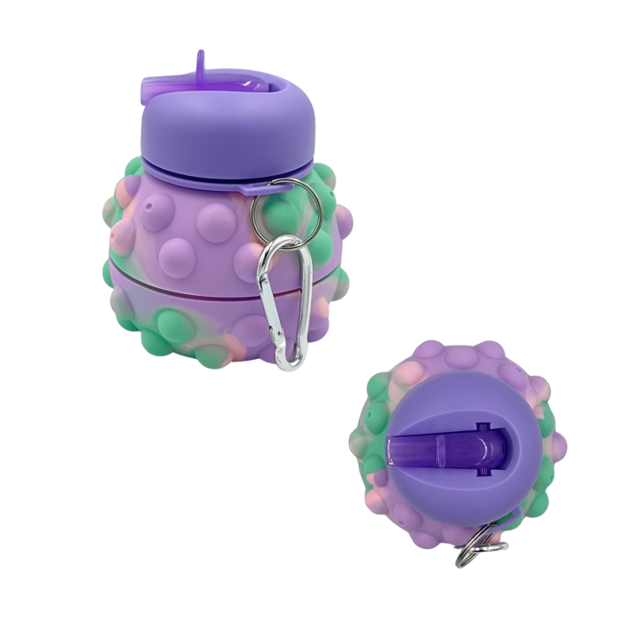 Sticla pentru apa, pliabila, din silicon fara BPA, anti-scurgere, cu carabina de prindere, model pop-it mov, 550 ml [6]