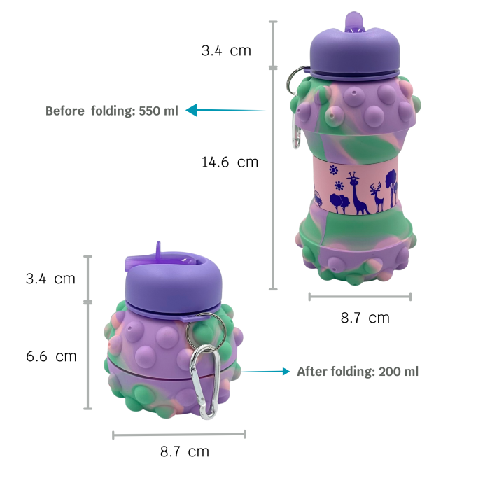 Sticla pentru apa, pliabila, din silicon fara BPA, anti-scurgere, cu carabina de prindere, model pop-it mov, 550 ml [3]