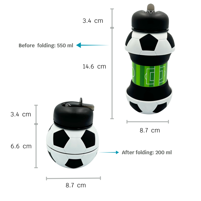 Sticla pentru apa, pliabila, din silicon fara BPA, cu carabina de prindere, fara scurgere, model minge de fotbal, 550 ml [2]