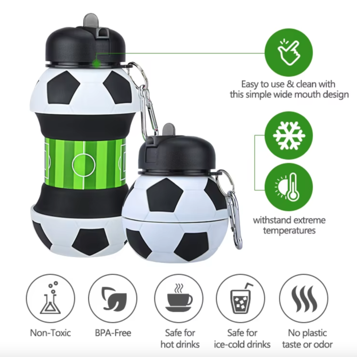 Sticla pentru apa, pliabila, din silicon fara BPA, cu carabina de prindere, fara scurgere, model minge de fotbal, 550 ml [5]