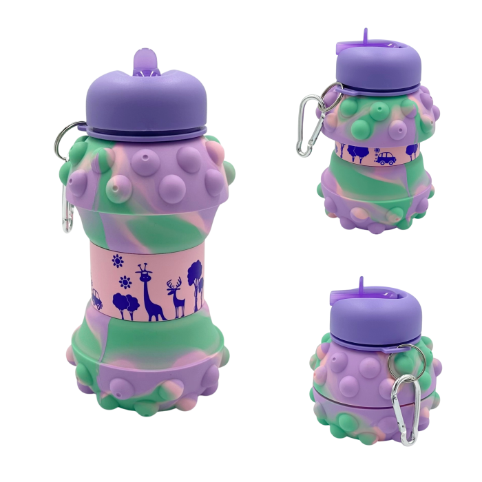 Sticla pentru apa, pliabila, din silicon fara BPA, anti-scurgere, cu carabina de prindere, model pop-it mov, 550 ml [1]