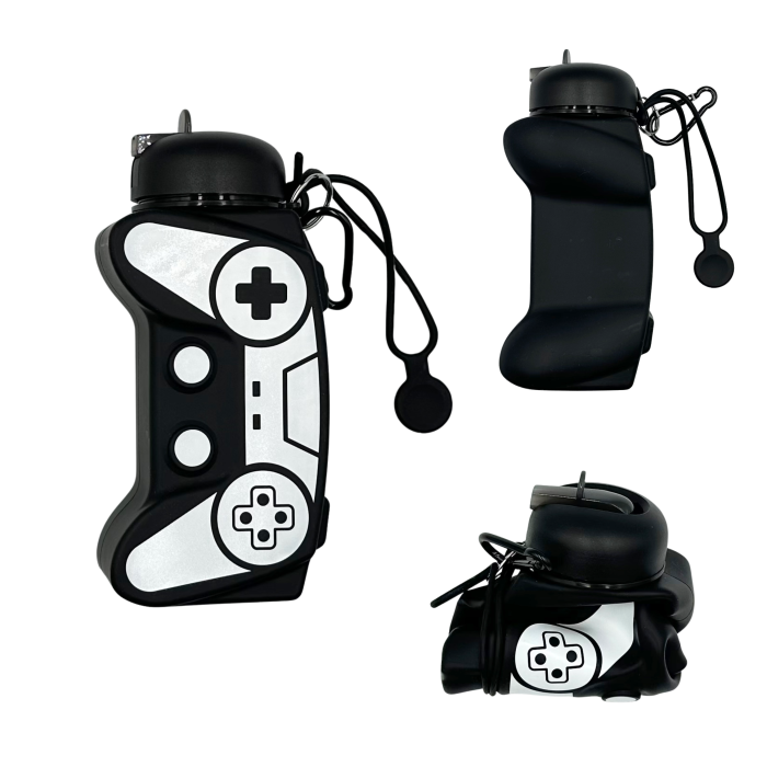 Sticla pentru apa, pliabila, din silicon fara BPA, cu carabina si curea de prindere, model gamer, negru cu alb, 600 ml [1]