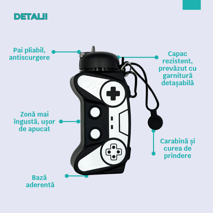 Sticla pentru apa, pliabila, din silicon fara BPA, cu carabina si curea de prindere, model gamer, negru cu alb, 600 ml [5]