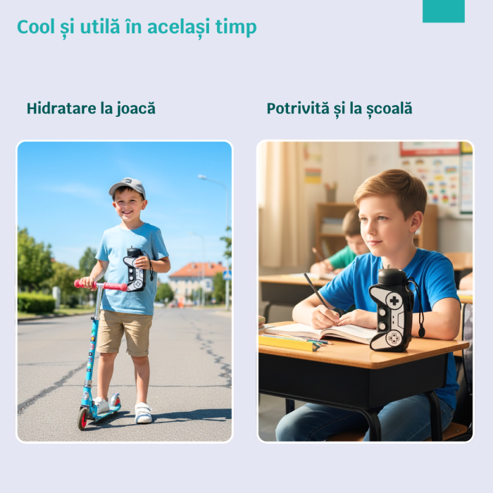 Sticla pentru apa, pliabila, din silicon fara BPA, cu carabina si curea de prindere, model gamer, negru cu alb, 600 ml [7]