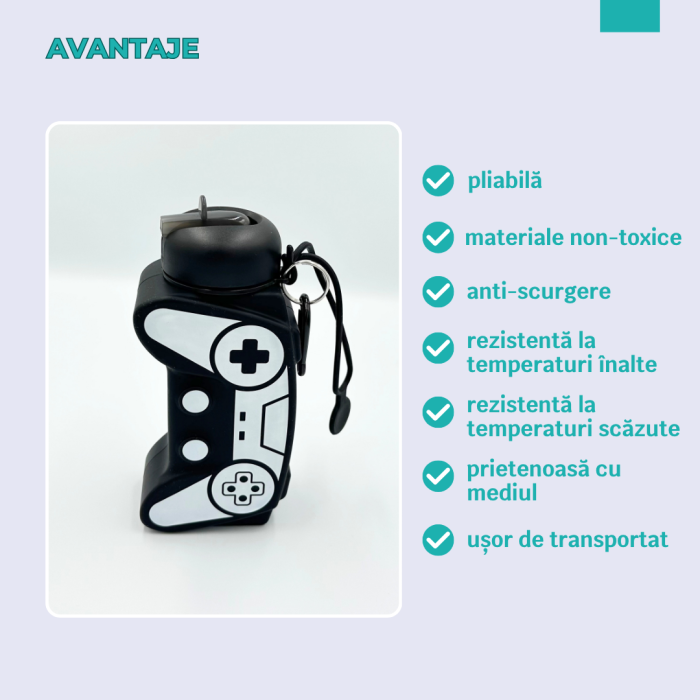 Sticla pentru apa, pliabila, din silicon fara BPA, cu carabina si curea de prindere, model gamer, negru cu alb, 600 ml [3]
